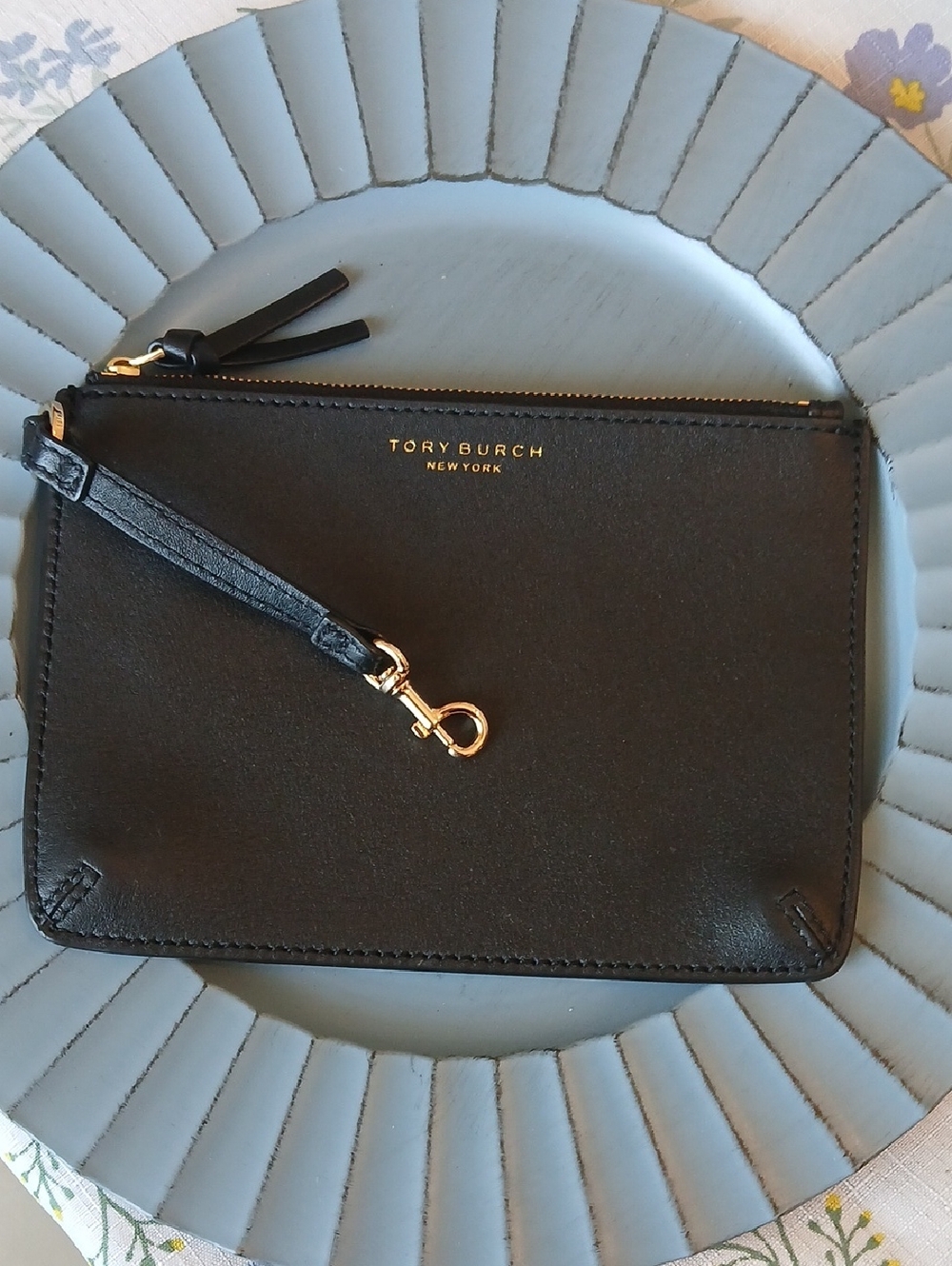 Tory Burch Black Leather Zip Wristlet with Gold Logo